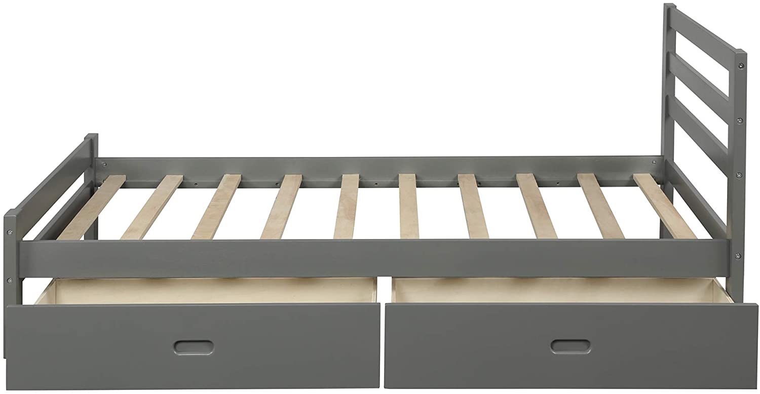 Rhomtree Wood Platform Bed with Storage Drawers Captain Bed with Headboard Footboard Mattress Foundation Kids Teens Bed (Full, Grey)