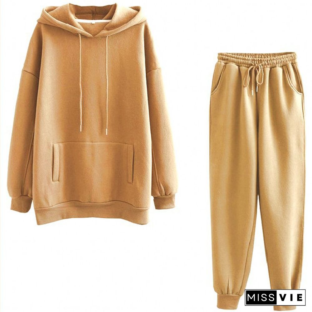 Casual Pure Color Draw String Hoodie Pants Set