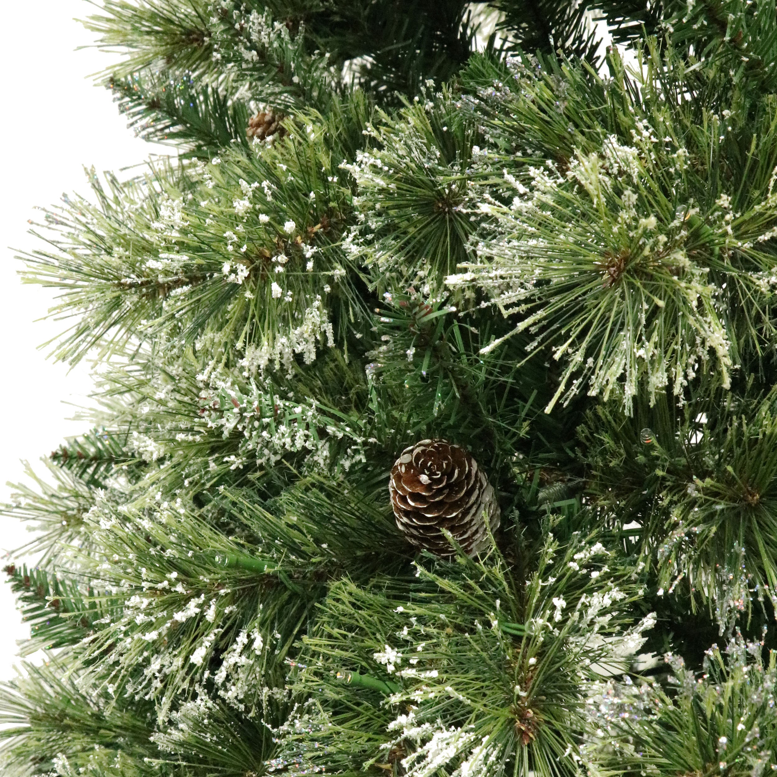 7.5-foot Cashmere Pine and Mixed Needles Pre-Lit Clear LED Hinged Artificial Christmas Tree with Snow and Glitter Branches and Frosted Pinecones