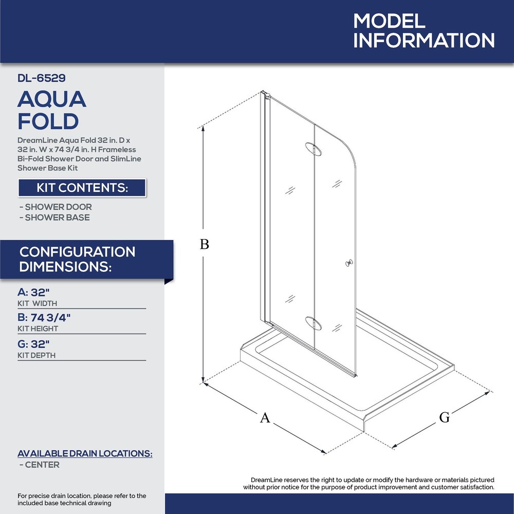 DreamLine Aqua Fold 32 in. D x 32 in. W x 74 3/4 in. H Bi Fold Shower Door and Shower Base Kit   32\