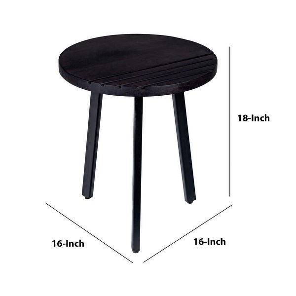 18 Inch Round Mango Wood Side End Table， Grooved Design， Metal Legs， Black