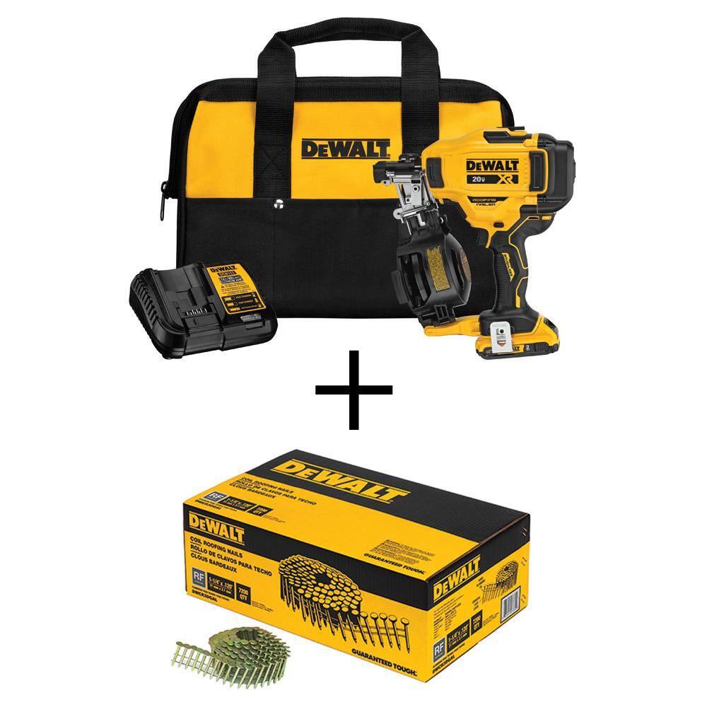 DW 20V MAX Lithium-Ion 15-Degree Cordless Roofing Nailer Kit with 1-14 in. x 0.120-Gauge Coil Roofing Nails (7200-Pack) DCN45RND1WCR3D