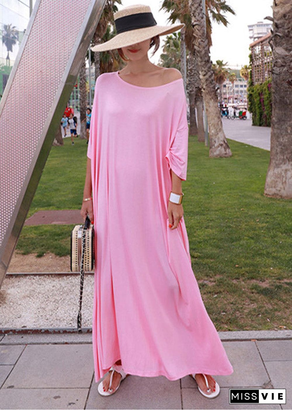 Loose Pink O-Neck Cotton Long Dress Short Sleeve