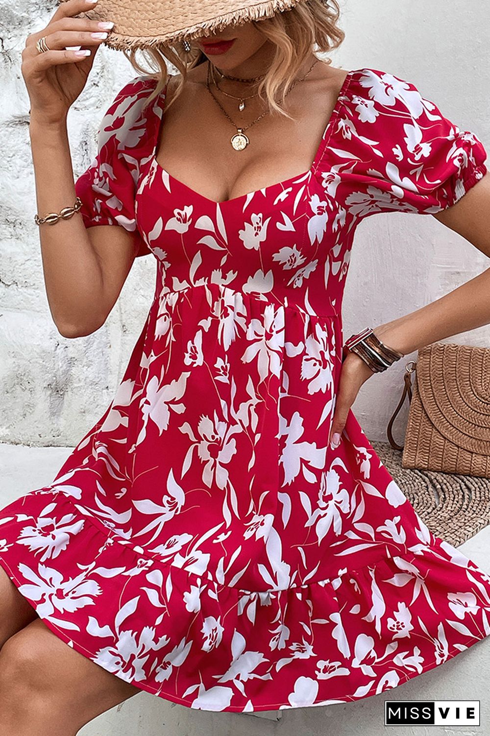 Red Squared Neck High Waist Floral Dress