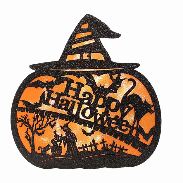 Roman Happy Halloween Lighted Pumpkin One Lighted Figurine 13 0 Inches Witches Hat Bat Cat 136372 Paperboard Black