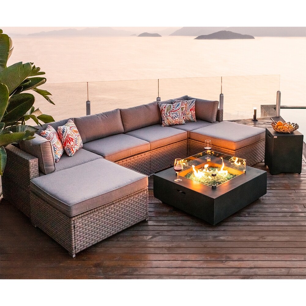 COSIEST 8 Piece Outdoor Patio Furniture Sectional Set with Fire Pit
