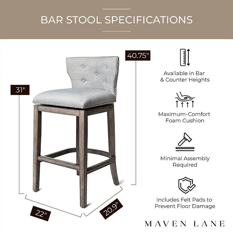 Maven Lane Hugo Bar Stool In Reclaimed Oak Finish W/ Ash Grey Fabric Upholstery