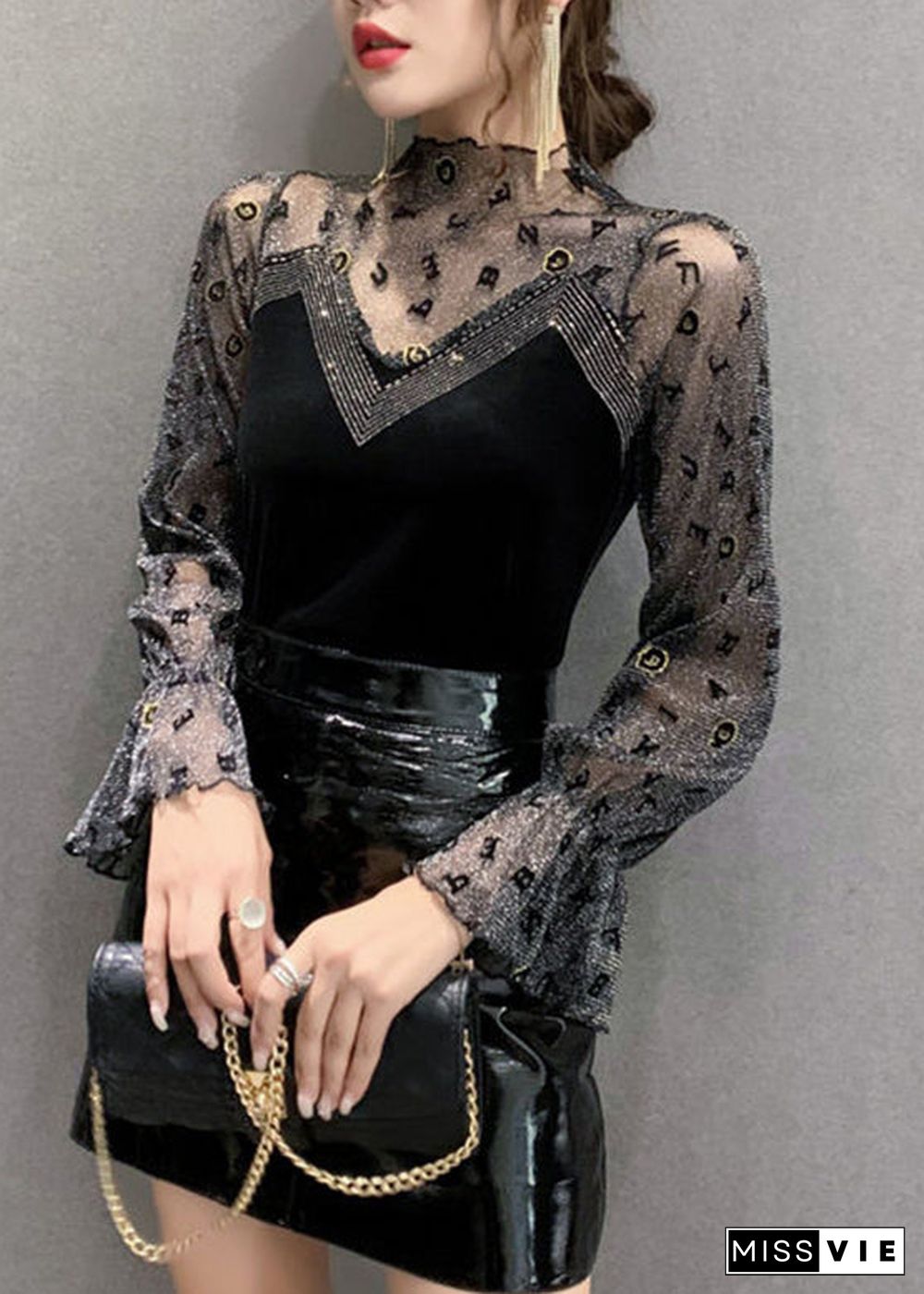 Fashion Black Turtleneck Print Wrinkled Tulle Patchwork Velour Top Bottoming Shirt