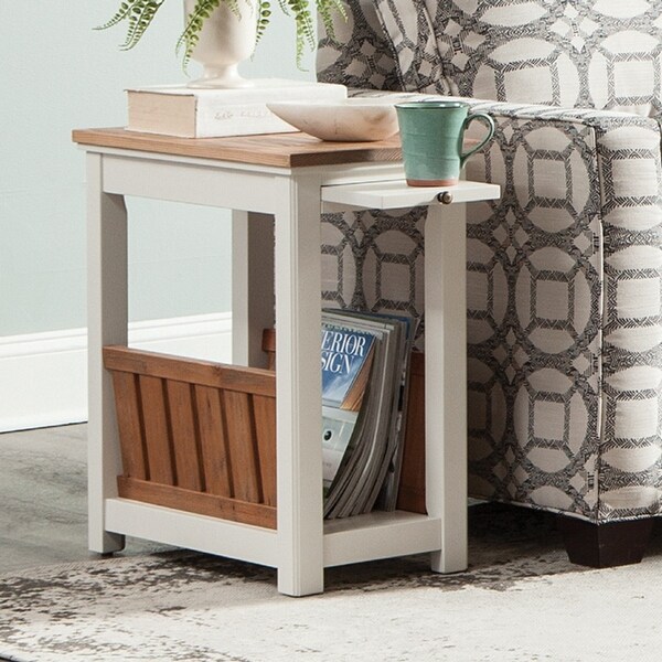 Savannah Chairside Magazine End Table with Pull-out Shelf， Ivory with Natural Wood Top