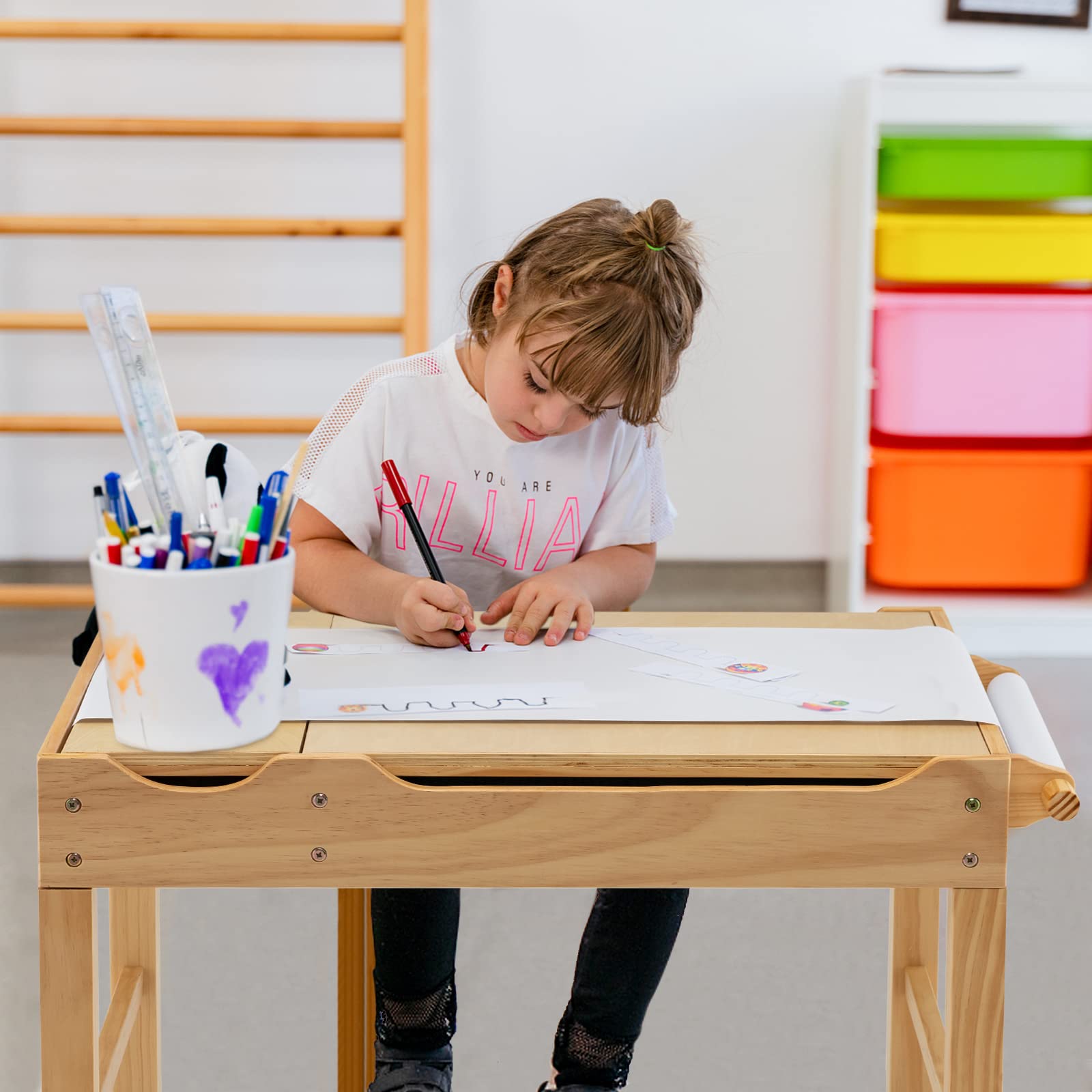 Costzon Kids Table, 3 in 1 Wood Building Block Desk w/Storage, Paper Roll