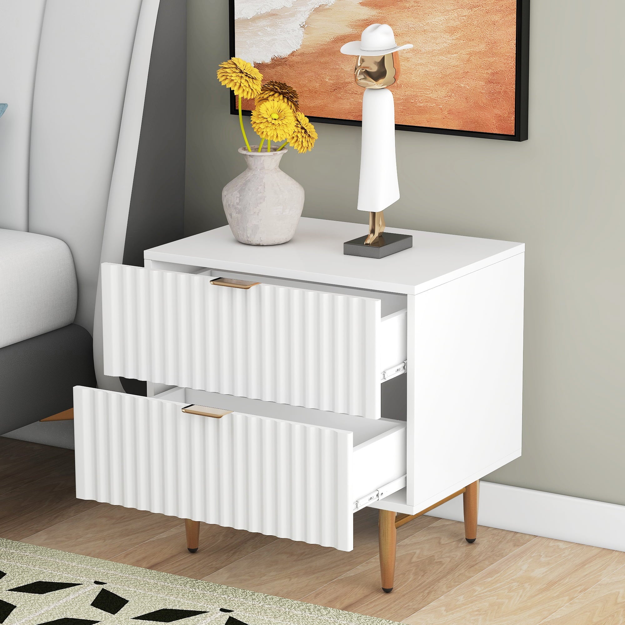 Canddidliike Modern White Nightstand with 2 Drawers for Bedroom, Storage Bedside Table with Wood Leg