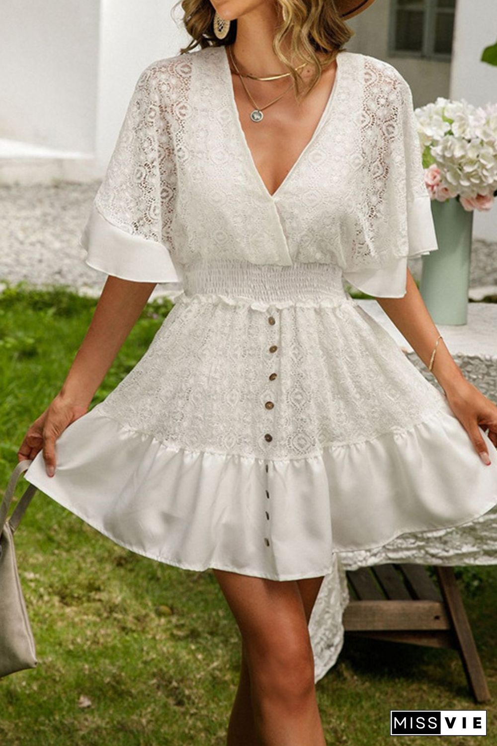 White Lace Bat Sleeves V Neck Mini Dress