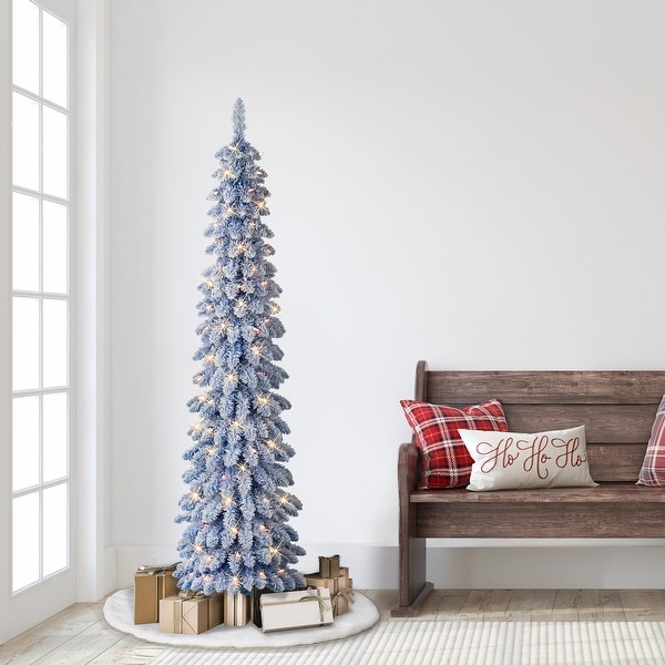 Puleo International 6 ft. PreLit Flocked Blue Artificial Alpine Pencil Tree