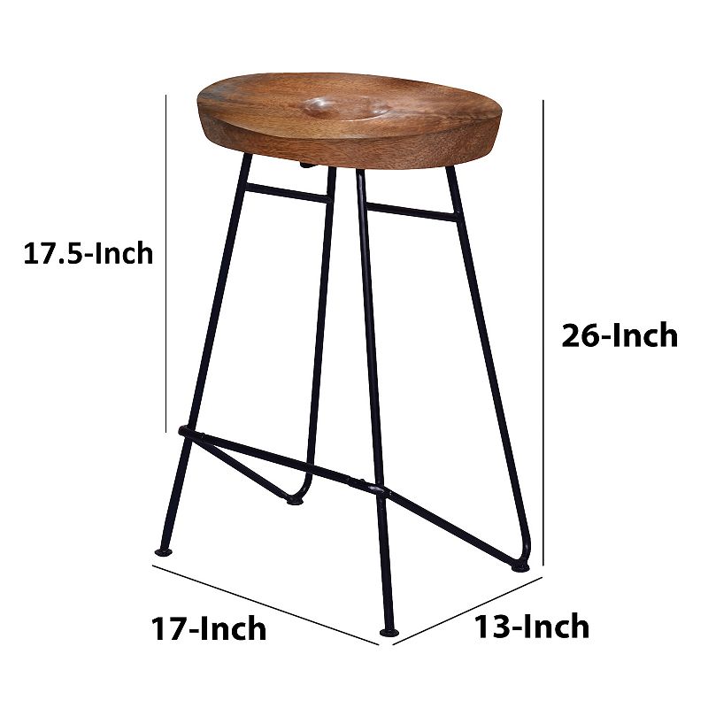 26 Inch Industrial Counter Height Stool， Contoured Mango Wood Seat， Iron， Cafe Brown， Black