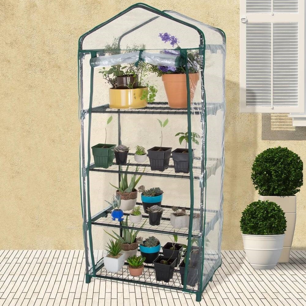 Durable 4 Tier Plant Stand Greenhouse with Zippered PVC Cover   27.5 in. x 19 in. x 63 in