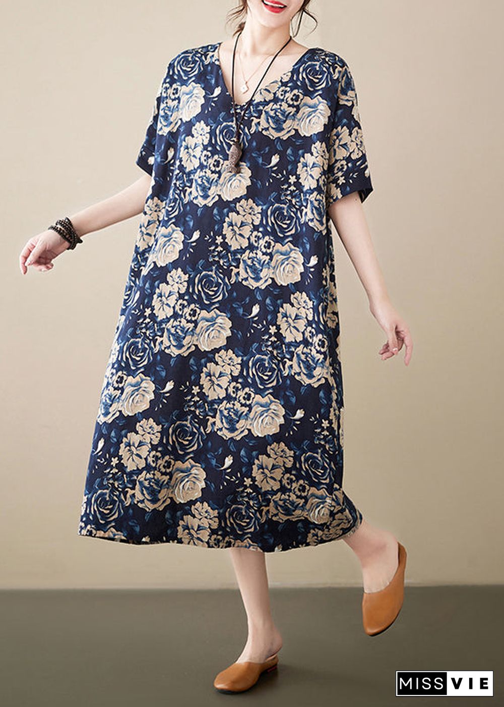 Navy Print Linen Robe Dresses V Neck Oversized Summer