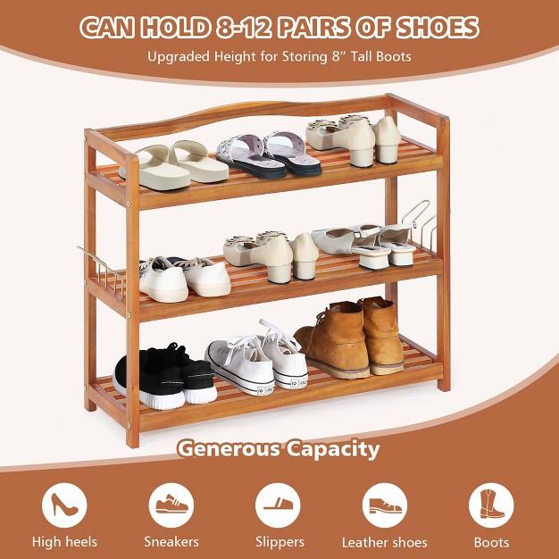 Costway 3 tier Wood Shoe Rack Solid Acacia Wood Shoe Shelf With Side Metal Hooks