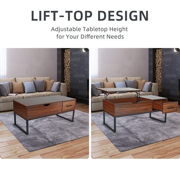 Lift Top Coffee Table with Drawer and Hidden Compartment， Pop Up Coffee Table for Living Room， - as picture