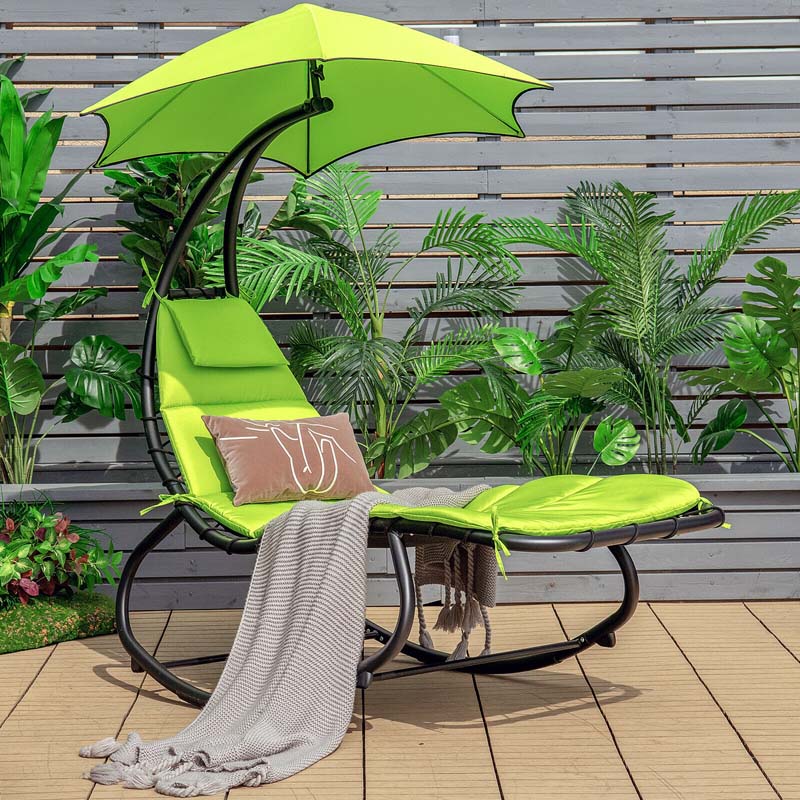 Full-Padded Hammock Chair Swing Patio Sun Lounger with Shade Canopy, Outdoor Chaise Lounge Hanging Chair for Pool Beach Deck