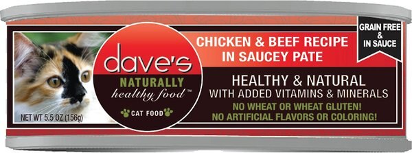 Dave's Pet Food Saucey Pate Chicken and Beef Recipe Wet Cat Food， 5.5-oz can， case of 24