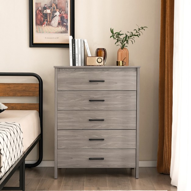 Costway Modern 5 Drawer Chest Storage Dresser Cabinet With Metal Handles Grey Oak