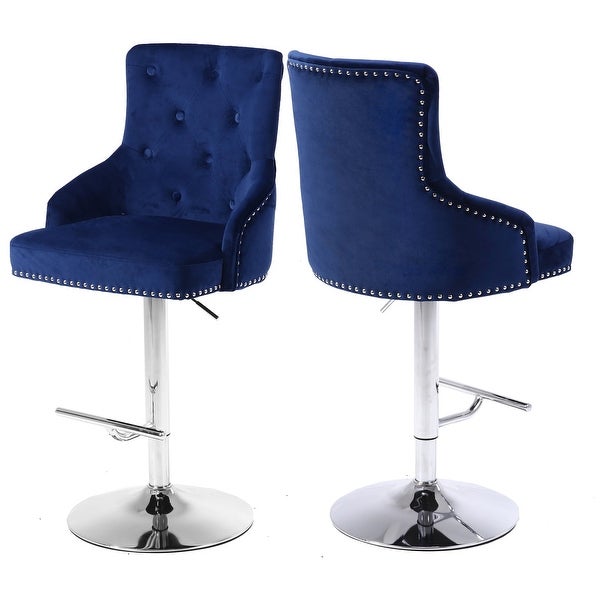 Claude Navy Velvet Adjustable Stool-Color Navy Velvet，Finish Chrome，Style Contemporary