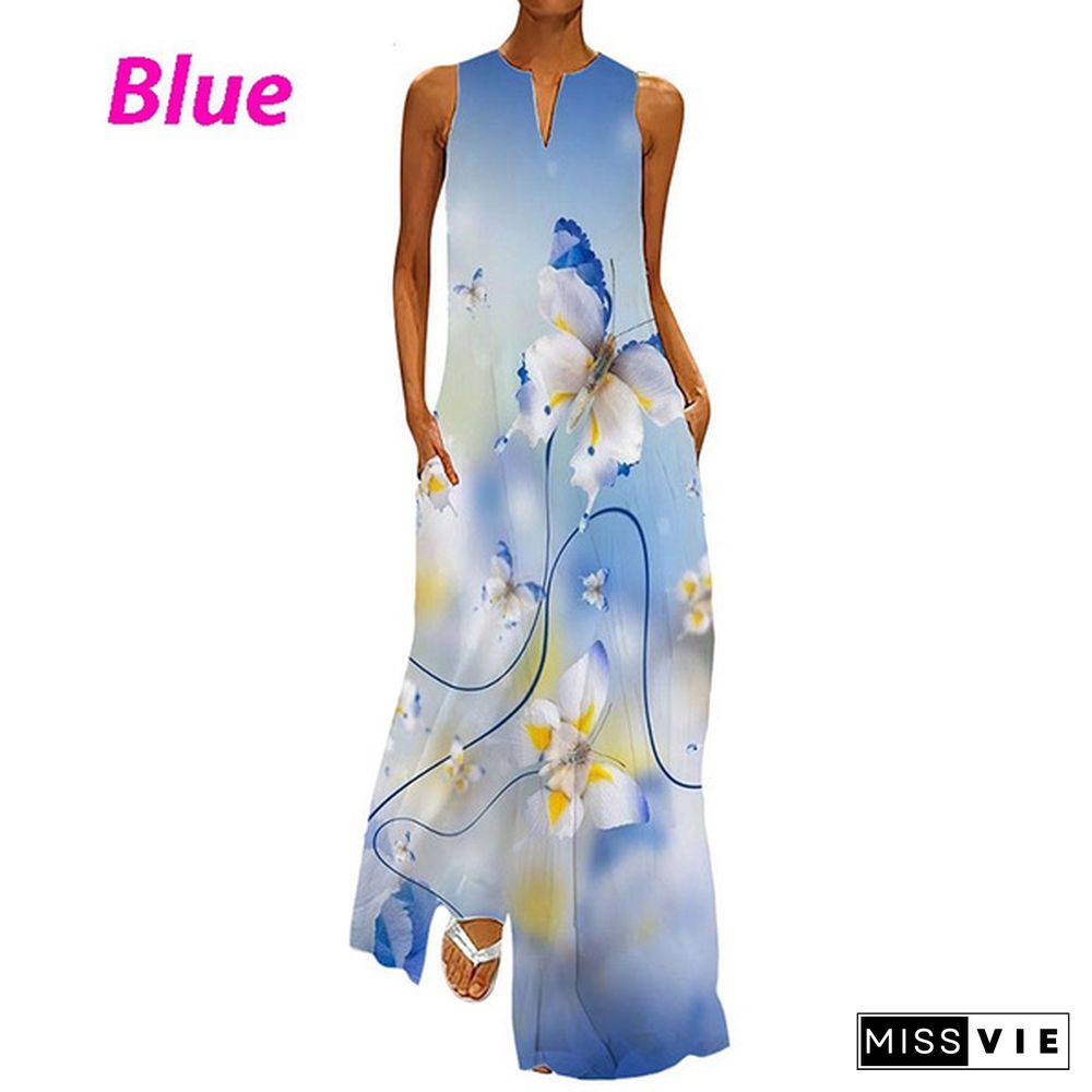 Women's Shift Dress Maxi Long Dress Sleeveless Butterfly Flower Pocket Print Spring Summer V Neck Party Casual Party Holiday Dress Plus Size XS-8XL Maxi Dress