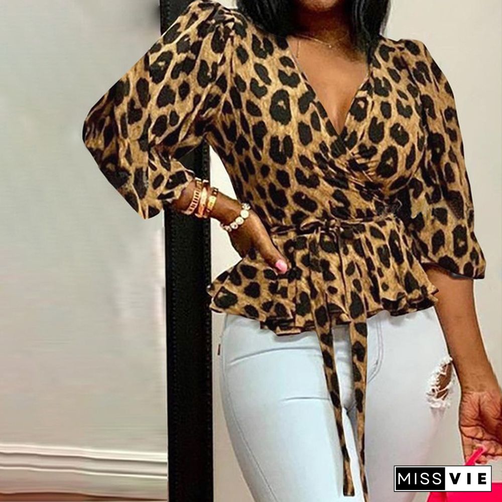 Women Leopard Print Wrap Blouse Long Sleeve V Neck Streetwear Club Party Casual Shirt Peplum Tops Plus Size