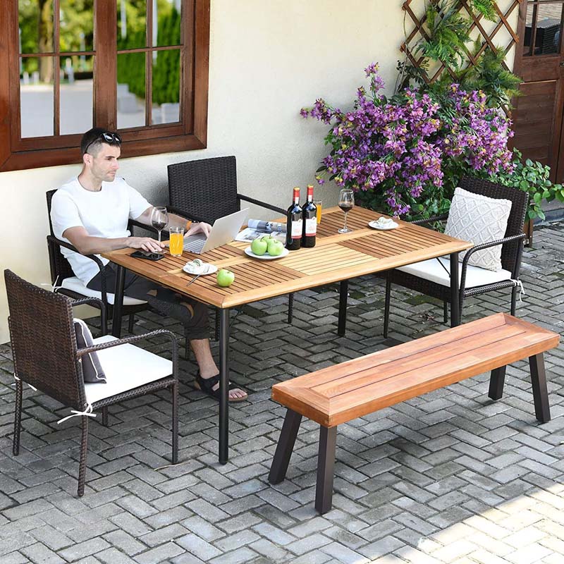 2 Pcs Rustic Acacia Wood Benches with Metal Legs, Indoor & Outdoor Dining Bench Patio Picnic Bench