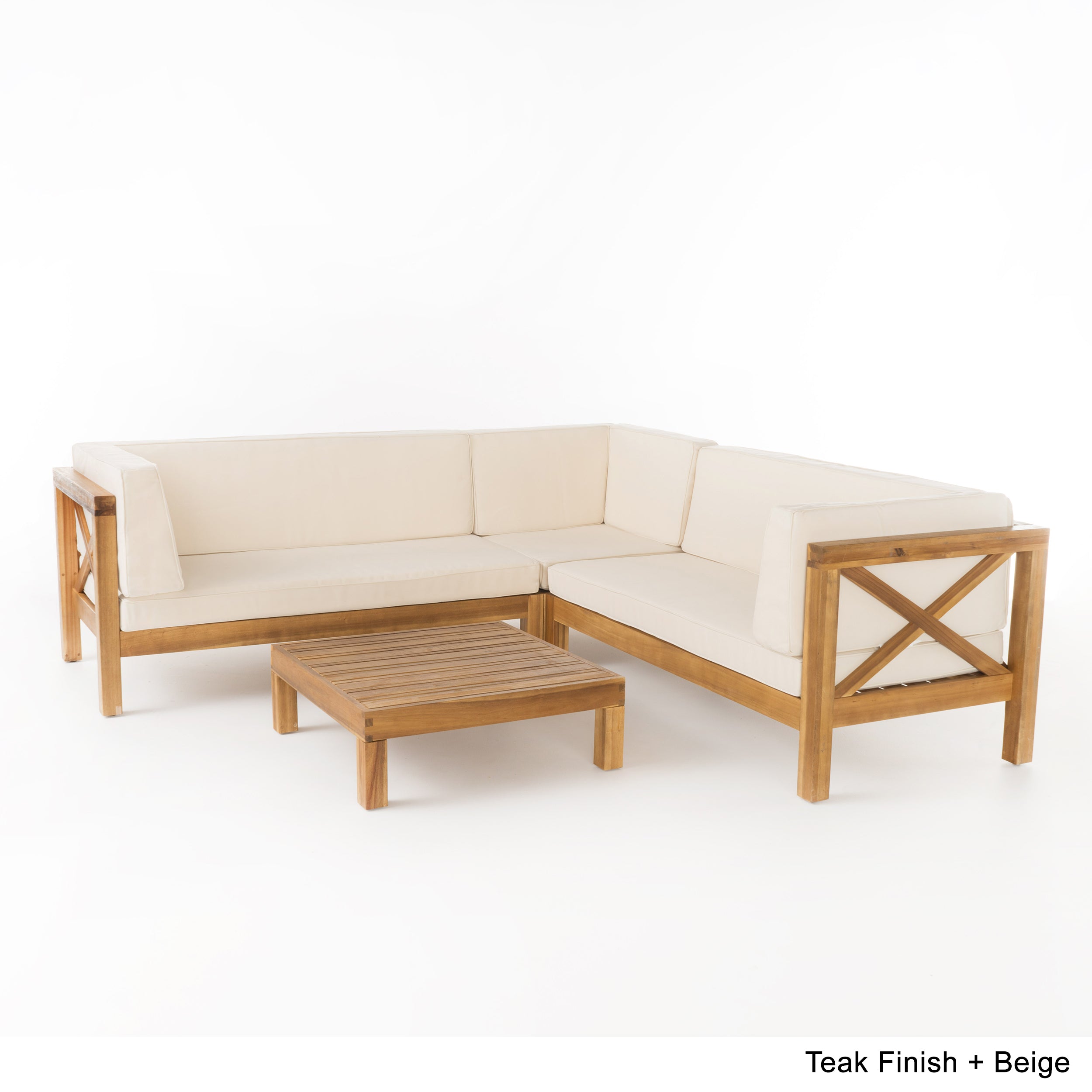 Brava Outdoor 4 Piece V-Shaped Acacia Wood Sectional Sofa and Coffee Table Set