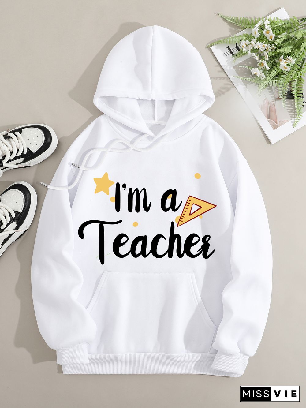 Printed on front Kangaroo Pocket Hoodie Long Sleeve for Women Pattern I am a teacher