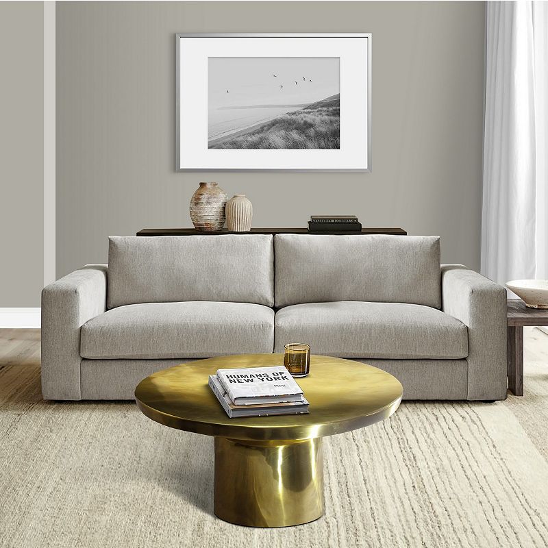 Zoe 30 Inch Modern Classic Round Metal Coffee Table with Pedestal Base， Glossy Gold Brass