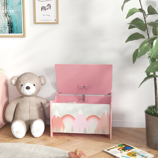 Qaba Toy Box With Lid Toy Chest Storage Organizer For Bedroom With Safety Hinge Cute Animal Design Pink