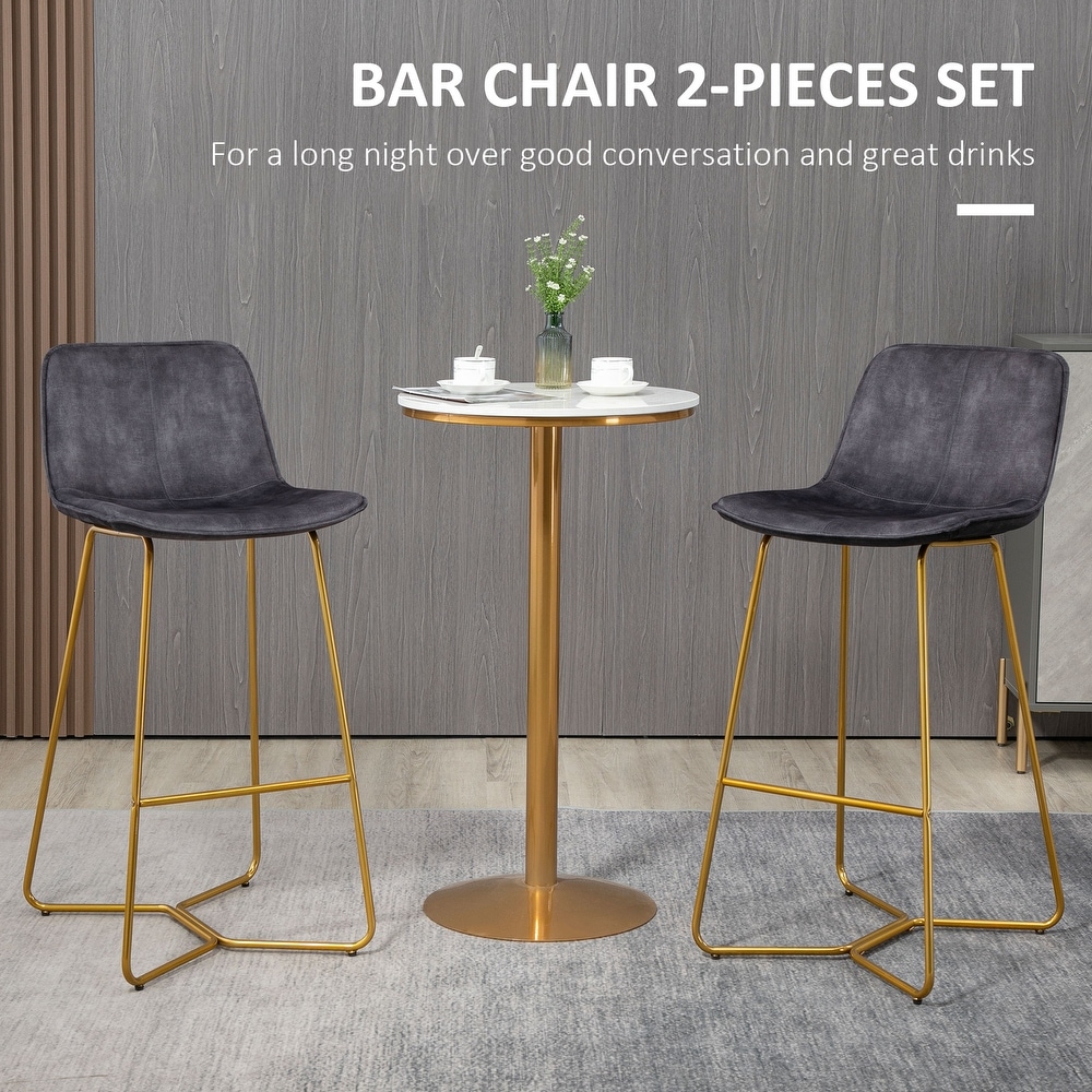 HOMCOM Tall Bar Stools  Set of 2  Velvet Touch Fabric Bar Chairs  Bar Stools with Gold Tone Metal Legs for Dining Area