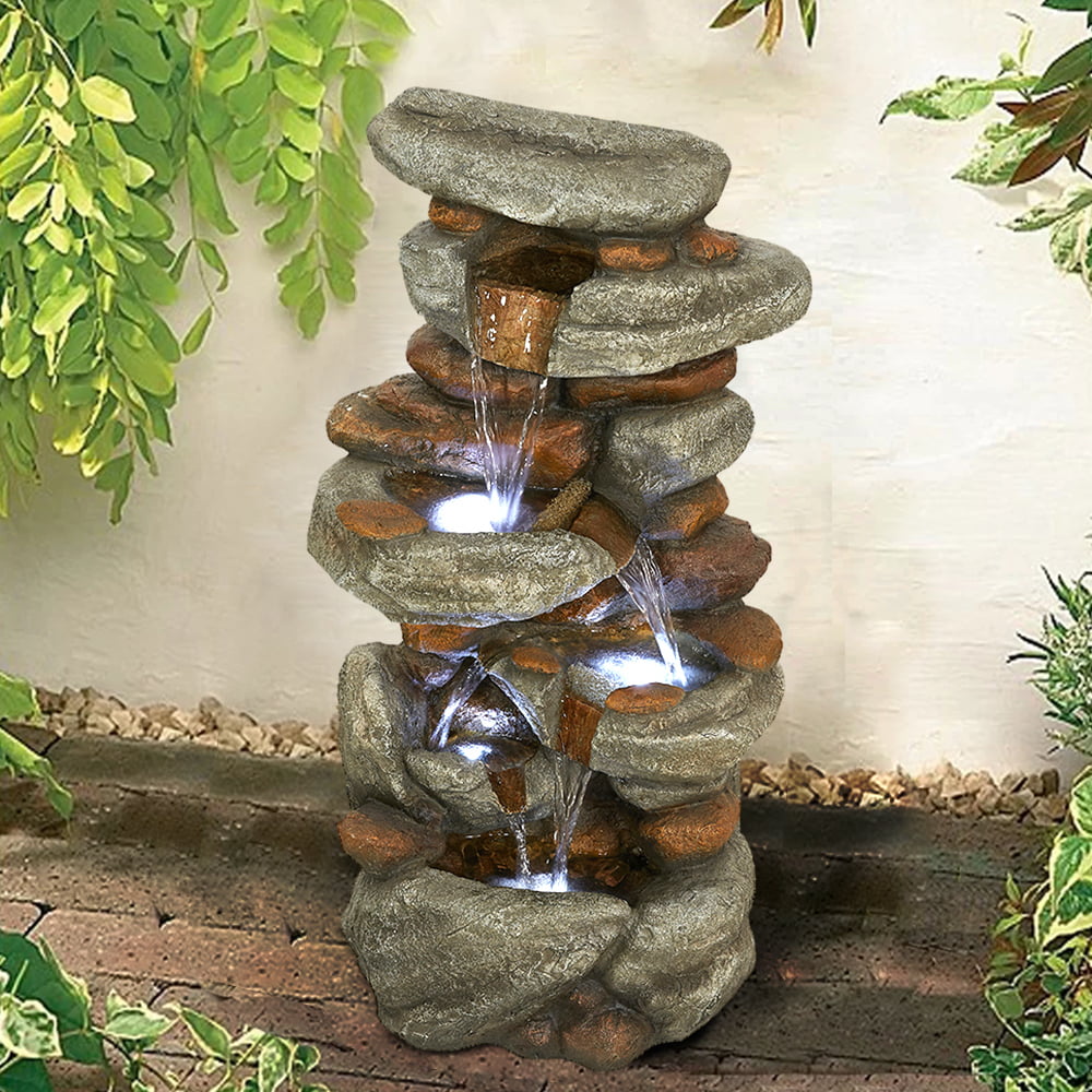 4-Tier Rock Water Fountain with LED Lights - Outdoor Water Fountains Cascading Floor Water Feature Art Decor for Garden， Pation， Deck， Porch