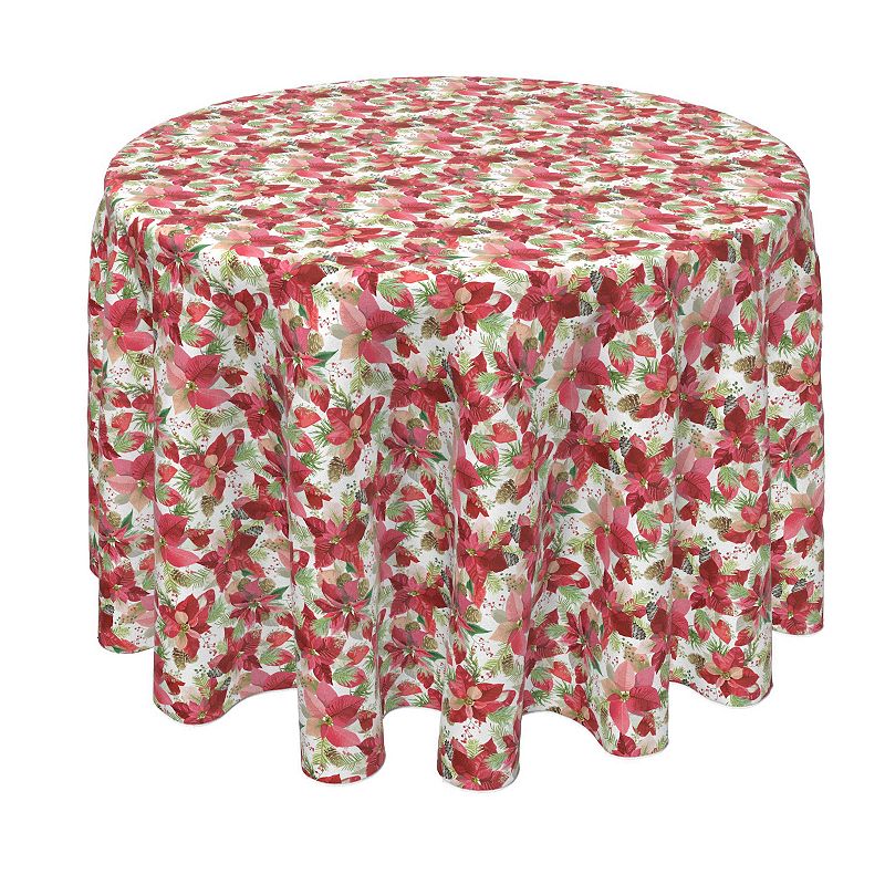 Round Tablecloth， 100% Polyester， 70 Round， Poinsettia and Pinecones