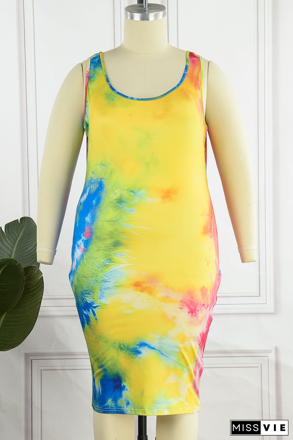 Yellow Sexy Casual Print Tie-dye U Neck Vest Dress Plus Size Dresses