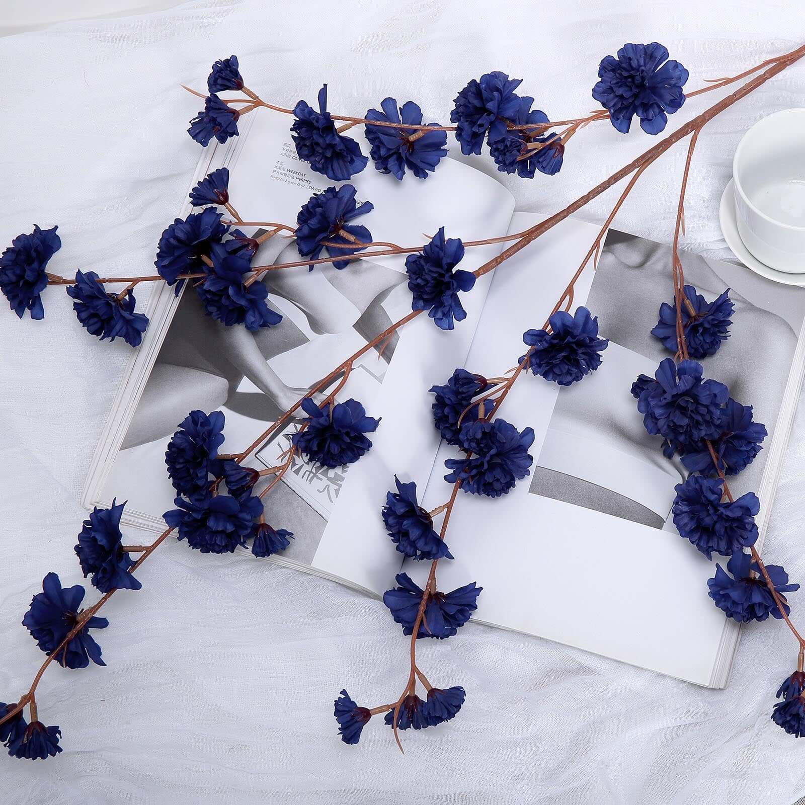 2 Branches Navy Blue Artificial Silk Carnation Flower Stems 42