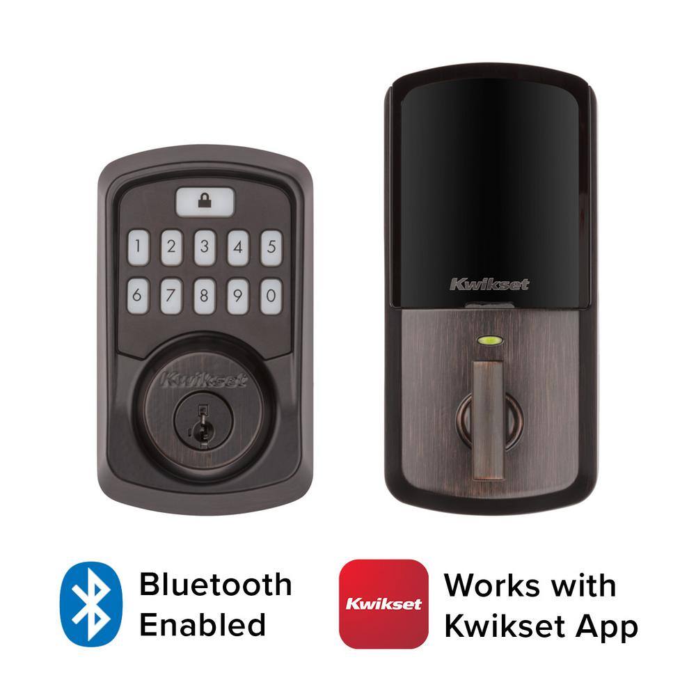 Kwikset Aura Venetian Bronze Single Cyl. Elec. BT Keypad Smart Lock Deadbolt with Avalon Handle and Tustin HallCloset Lever 94211P AVH11P