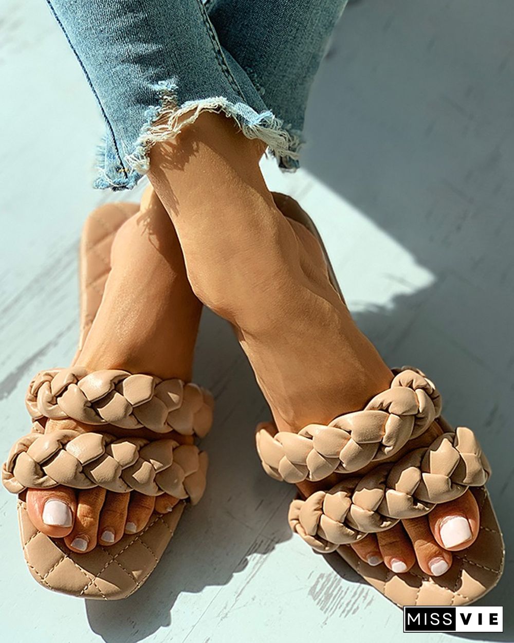 Quilted Square Toe Braided Flat Sandals