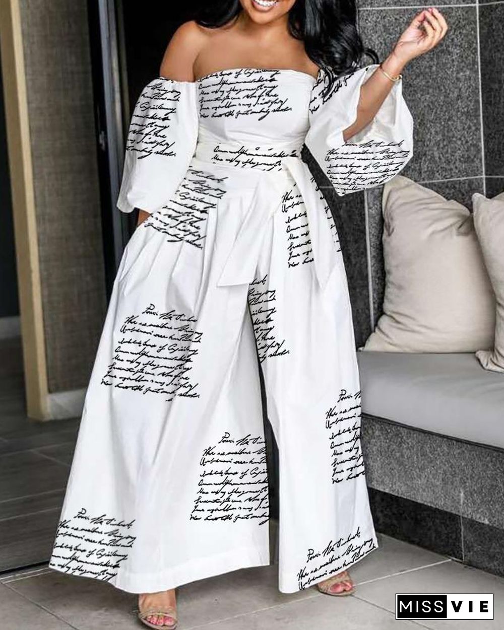 Letter Print Off Shoulder Lantern Sleeve Wide Leg Jumpsuit