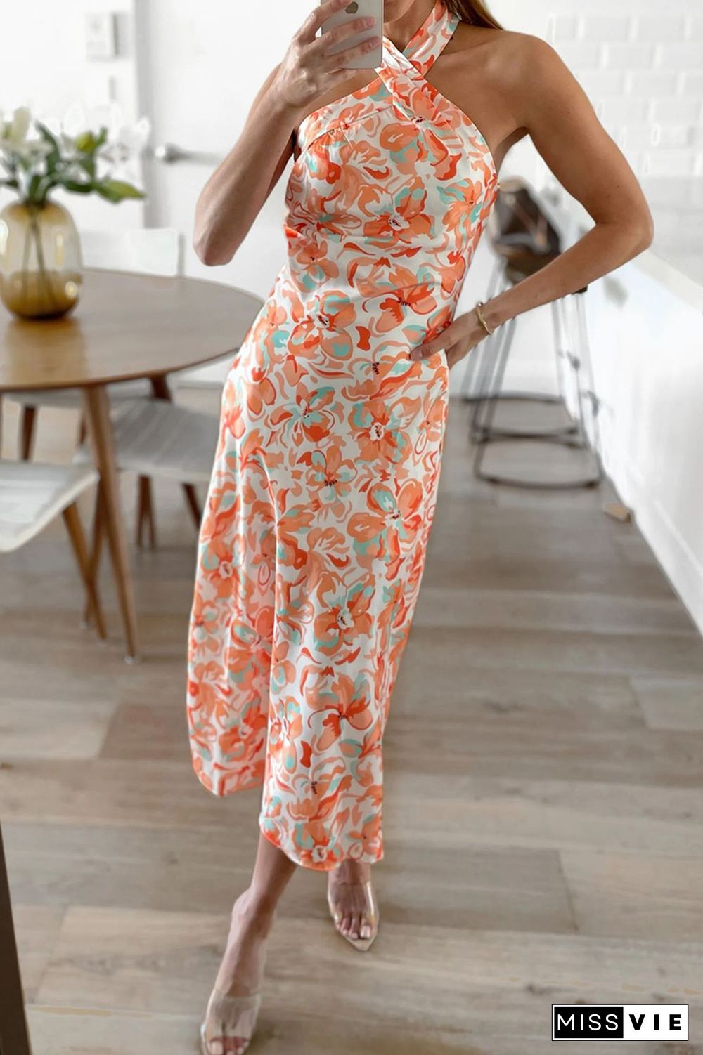 Casual Print Split Joint Halter Straight Dresses