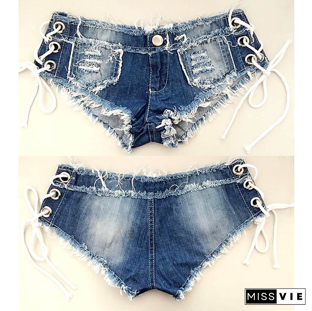 Women Sexy Denim Side Lace-up Super Short Jeans Low Waist Skinny Hot Pants New