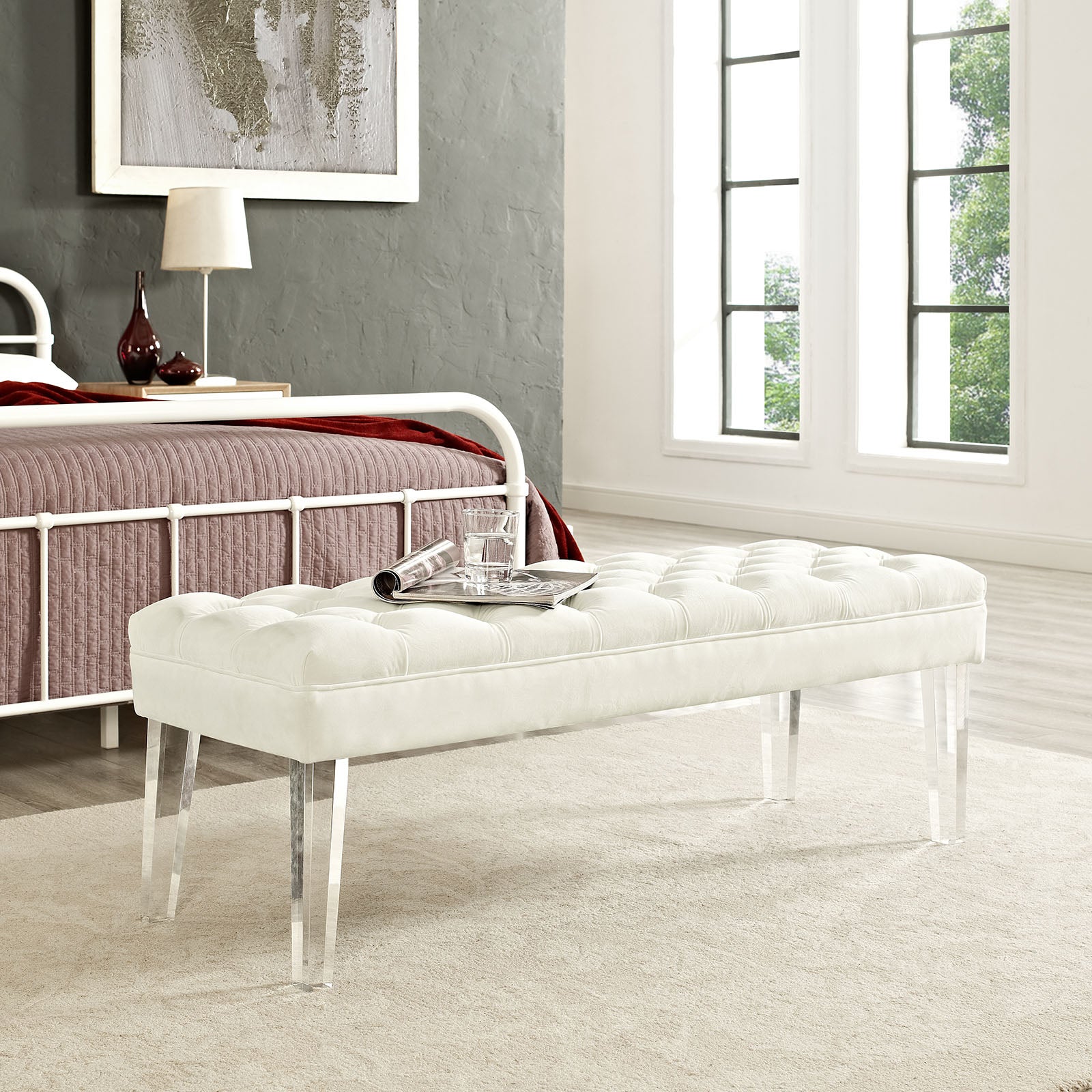 Modern Contemporary Urban Design Bedroom Living Room Bench, White Ivory, Fabric Velvet