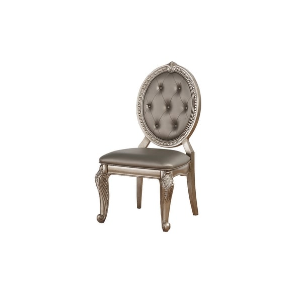 Faux Leather Upholstered Wooden Side Chair with Carved Details， Gray and Gold， Set of Two