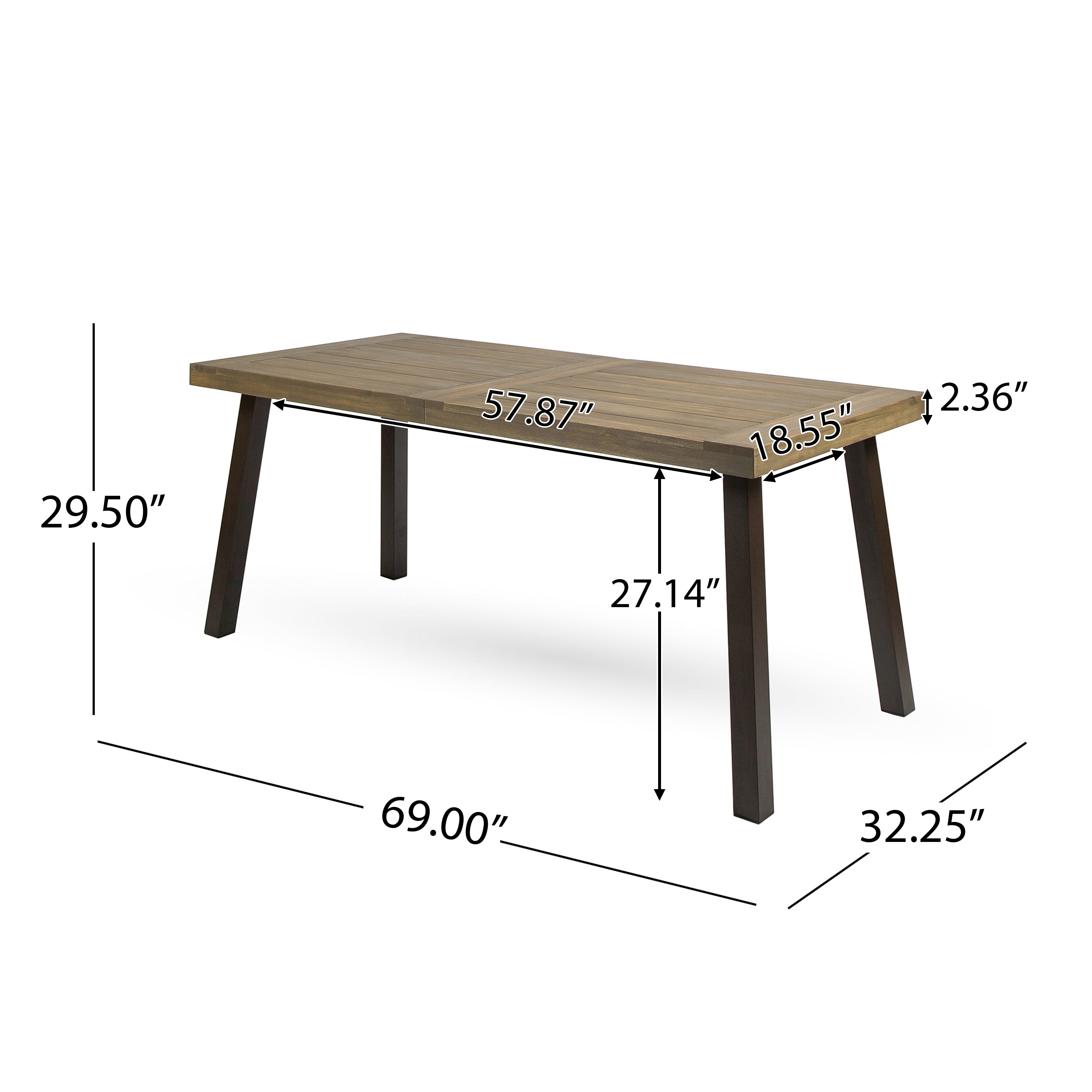 Justin Outdoor Farmhouse Slat-Top 7 Piece Acacia Wood Dining Set with Cushions