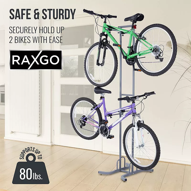 RaxGo Freestanding Bike Storage Rack， 2 Bicycle Indoor Bike Stand with Adjustable Hooks