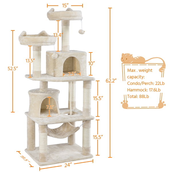 SMILE MART 62.2" Double Condo Cat Tree and Scratching Post Tower, Beige