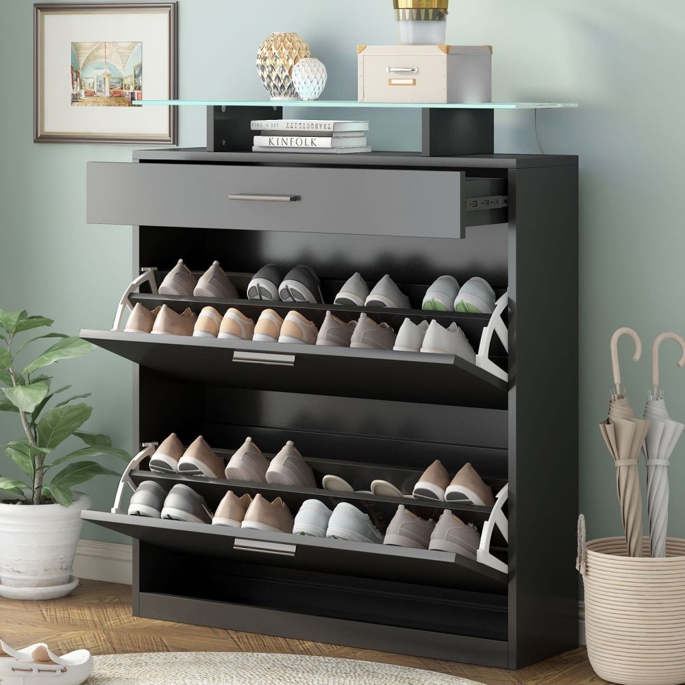 Slim Entryway Organizer with 2 Flip Drawers Tempered Glass Top Shoe Storage