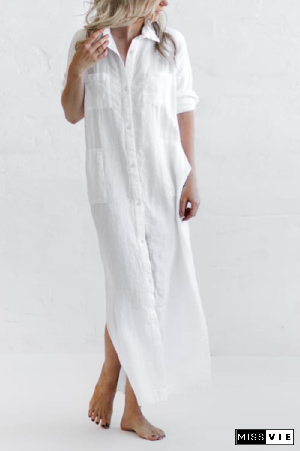 Linen Button Pockets Shirt Maxi Dress